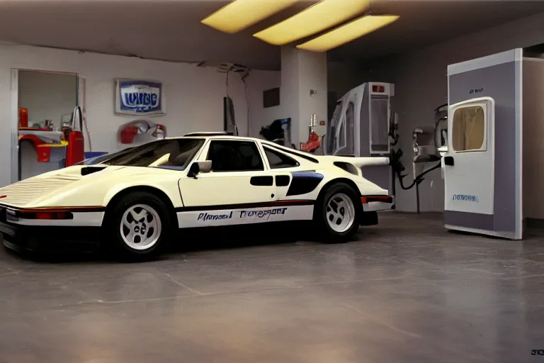 Image similar to A single 1985 Vector W8 Twin Turbo 911 BMW M1 Bronco inside of a car wash, ektachrome photograph, volumetric lighting, f8 aperture, cinematic Eastman 5384 film