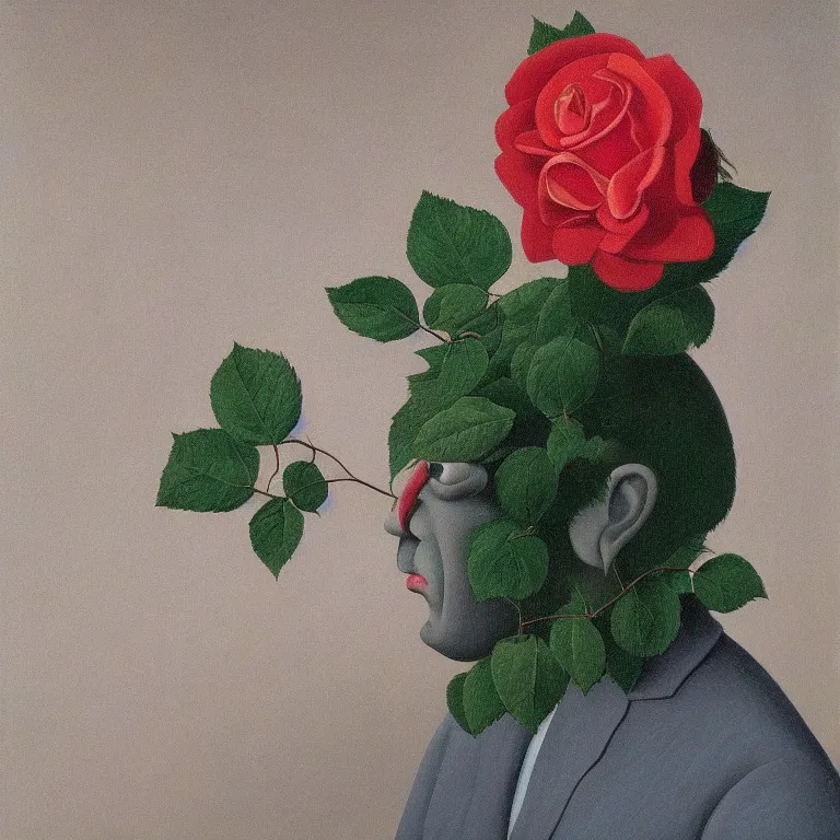 Image similar to portrait of a faceless rose flower - head man by rene magritte, detailed painting, distance, centered, hd, hq, high resolution, high detail, 4 k, 8 k