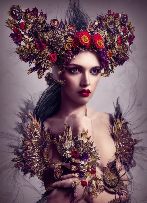 Image similar to full body photo of a female model, ornate headpiece made from flowers, ornaments, glamour shot, by karol bak, by stefan gesell, photorealistic, canon r 3, fashion photography, hyper maximalist, elegant, ornate, luxury, elite, environmental portrait, symmetrical features, octane render, unreal engine, solid dark grey background, dramatic lights