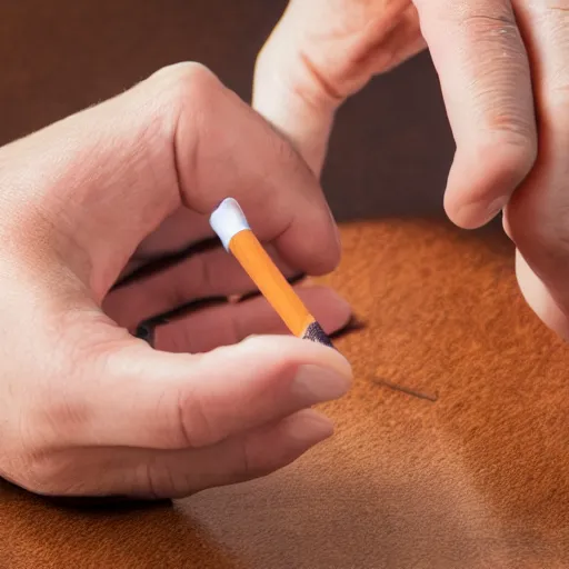 Image similar to a normal male hand with a five-finger ring and a cigarette-shaped pencil between the middle and index fingers