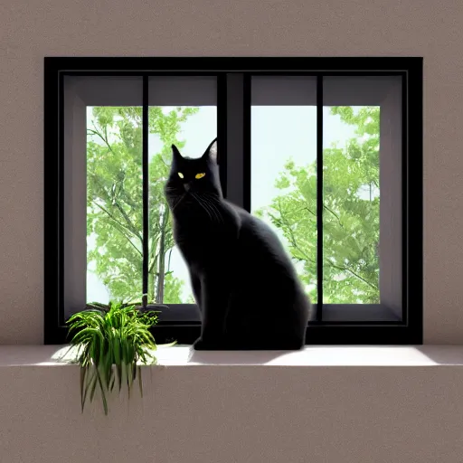 Prompt: peaceful dreamy painting of a content black cat sitting by a window, sunshine coming through the window, small plants on the window sill, 4k resolution, highly detailed, octane render