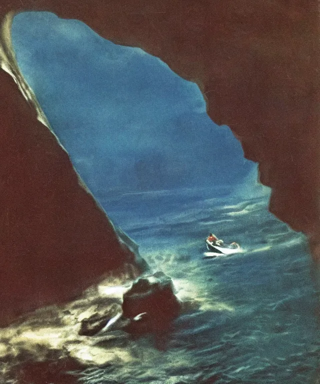 Image similar to color photo of a 1 9 2 5 seiner sailing with the jamaican shoreline with the mouth of a sea cave at the waterline, dark, brooding, atmospheric, seascape, lovecraft, horror, smooth, epic, highly detailed, cinematic, annie lebowitz