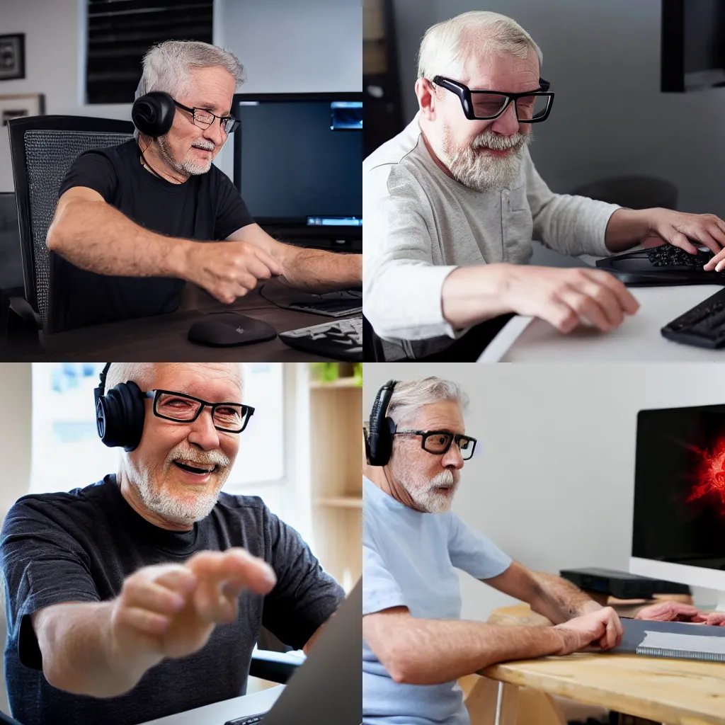 Prompt: old man with glasses streaming FPS game on his PC,