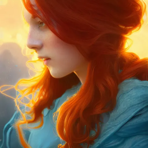 Image similar to highly detailed portrait of a red-haired young woman wearing a futuristic blue tunic, floating in a field of glowing golden tentacles, octane render, trending on artstation, by Artgerm,Greg Rutkowski,Alphonse Mucha, 4k resolution