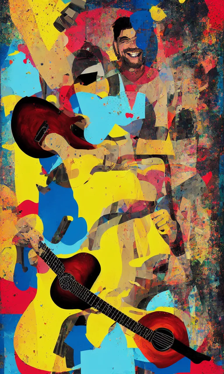 Prompt: random smiling funny guy with guitar, pop art, aesthetic art, 8 k, asymmetrical, high details, digital painting, concept art, smooth, beautiful, full body perfect, sharp focus, illustration, intricate, art by arstation and mimmo rotella, pixels art by paul robertson