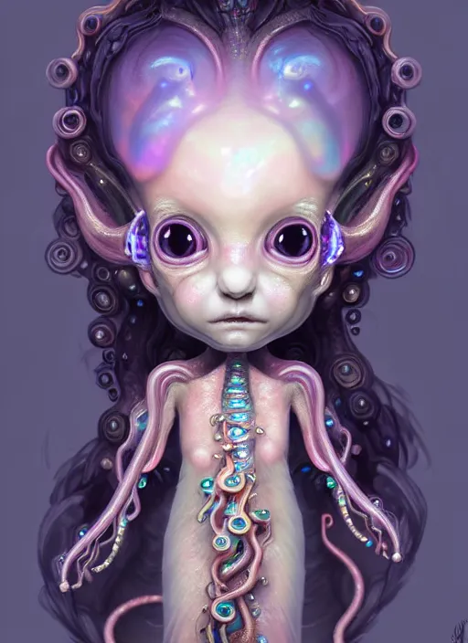 Image similar to A full shot of a cute magical monster Cryptid wearing a dress made of opals and tentacles. Chibi. Subsurface Scattering. Translucent Skin. Caustics. Prismatic light. defined facial features, symmetrical facial features. Opalescent surface. Soft Lighting. beautiful lighting. By Giger and Ruan Jia and Artgerm and WLOP and William-Adolphe Bouguereau and Loish and Lisa Frank. Sailor Moon. trending on artstation, featured on pixiv, award winning, sharp, details, intricate details, realistic, Hyper-detailed, HD, HDR, 4K, 8K.