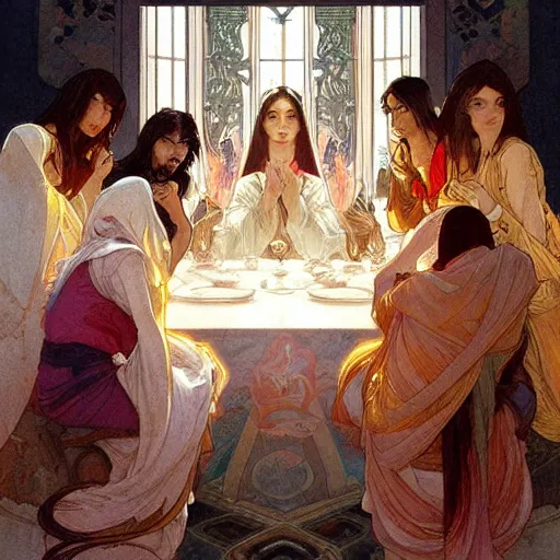 Image similar to The Last Supper Beautiful painting by Artgerm and Greg Rutkowski and Alphonse Mucha