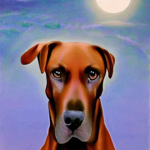 Image similar to the new age prophet Rhodesian ridgeback dog, illuminated from behind like a Catholic saint portrait, full moon night. Portrait by Paul Bonner, oil on canvas