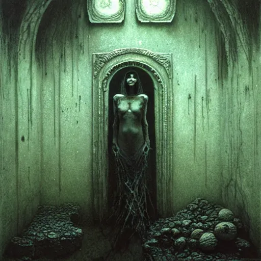 Image similar to alyson hannigan in necromancer crypt by beksinski