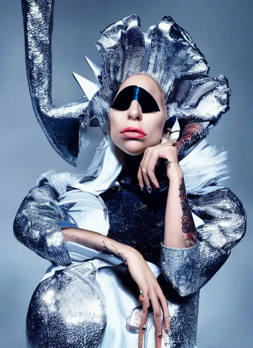 Image similar to lady gaga styled by nick knight posing in an futuristic setting , vogue magazine, Highly realistic. High resolution. Highly detailed. Dramatic. 8k.4k.