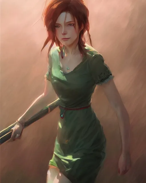 Image similar to elegant claire redfield in a green cottagecore dress, portrait, illustration, rim light, top light, summer clear blue sky, perfectly shaded, soft painting, art by krenz cushart and wenjun lin