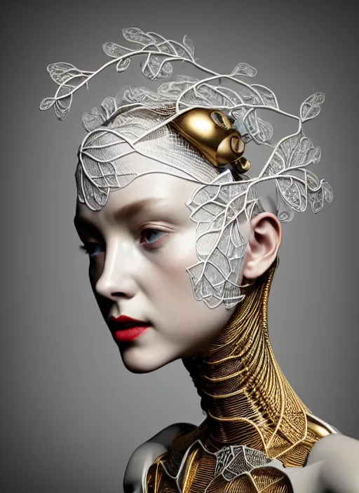 Prompt: complex 3d render ultra detailed of a beautiful porcelain profile woman face, mechanical cyborg, 150 mm, silver gold details, beautiful natural soft light, rim light, magnolia big leaves and stems, roots, fine foliage lace, mesh wire, intricate details, hyperrealistic, mandelbrot fractal, anatomical, red lips, Alexander McQueen haute couture, white metal armor, facial muscles, cable wires, microchip, elegant, octane render, H.R. Giger style, 8k