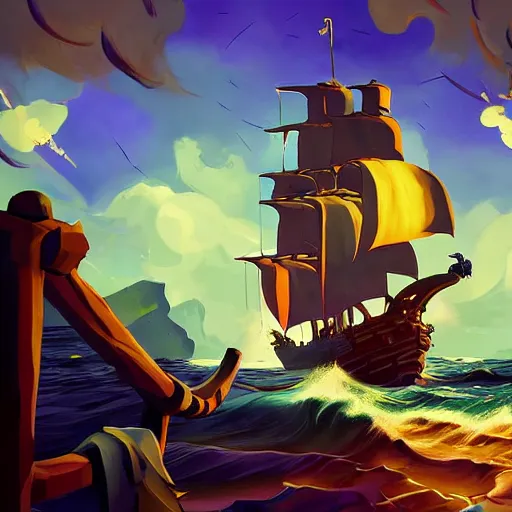 Image similar to sea of thieves scene with a hedgehog on a pirate ship, digital art, epic lighting, game screenshot, painted by vincent van gogh