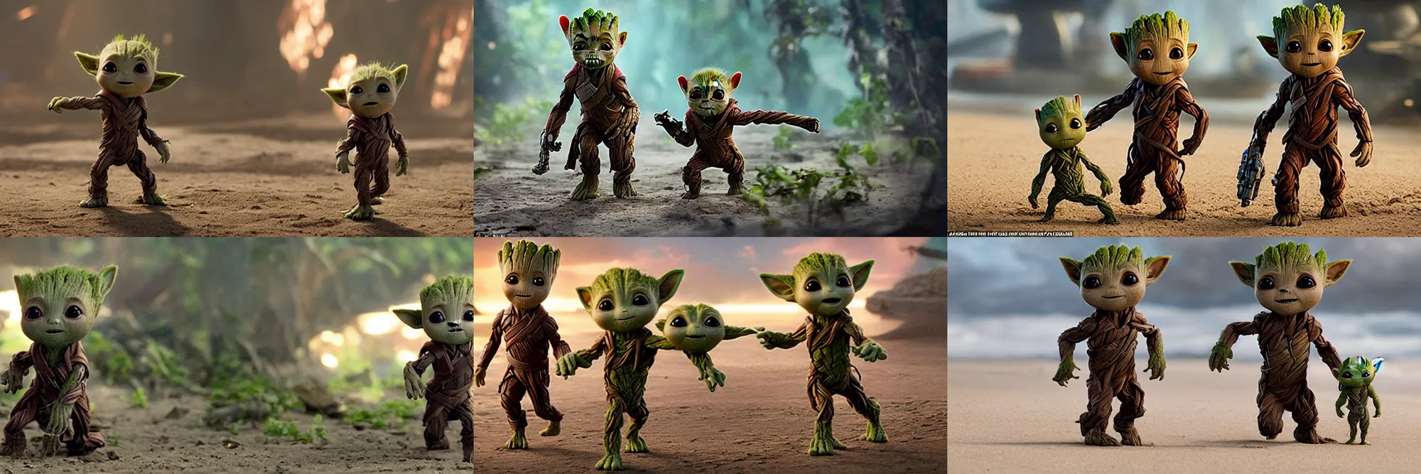 Prompt: baby groot character from guardians of the galaxy ( 2 0 1 4 ) : : baby yoda character from series mandalorian ( 2 0 2 1 ) : : both characters walking next to each other on the beach