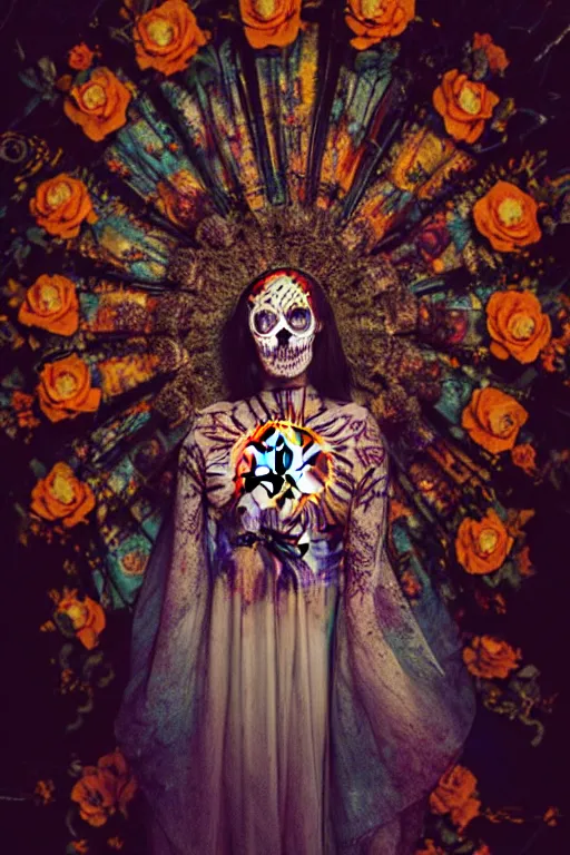 Image similar to heliography, virgin mary in dia de muertos dress and make up, horrific beautiful vibe, evocative, atmospheric lighting, painted, intricate, highly detailed, leesha hannigan, wayne haag, reyna rochin, ignacio fernandez rios, mark ryden, iris van herpen, stunning, gorgeous, sharp focus, cinematic, masterpiece