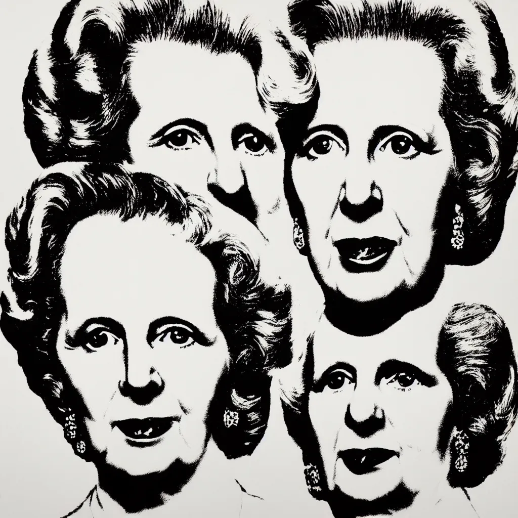 Image similar to individual silk screen portrait of margaret thatcher by andy warhol