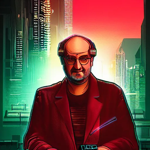 Prompt: cyberpunk salman rushdie as the leader of a futuristic communist nation, cybernetics, sharp lines, digital, artstation, colored in