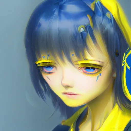 Image similar to a portrait of anime ukrainian blue and yellow girl, scared and crying, concept art, trending on artstation, highly detailed, intricate, sharp focus, digital art, 8 k