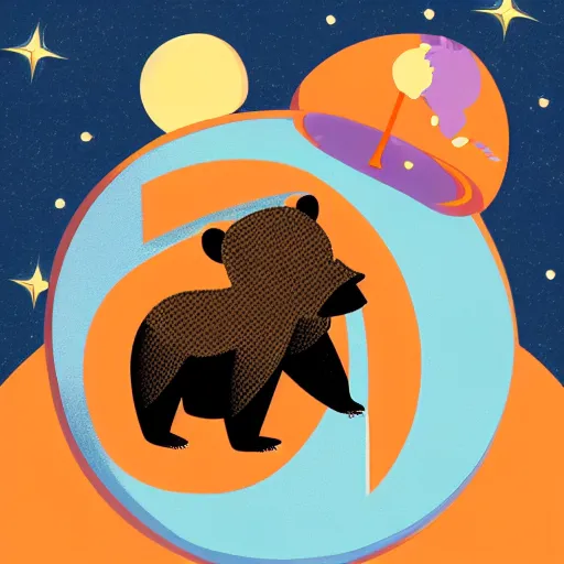 Image similar to cartoon illustration of a bear mascot being launched from a futuristic marble planet, purple and orange cloudland