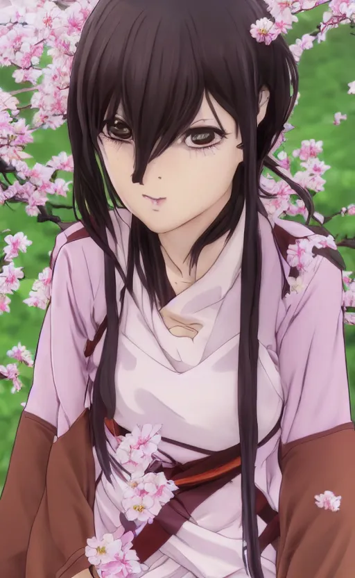 Image similar to anime style, gta 5, portrait of girl, yukata clothing, sakura tree in background, brown short hair, hair down, symmetrical facial features, from arknights, hyper realistic, rule of thirds, extreme detail, 4 k drawing, safebooru, realistic lighting, by alphonse mucha, greg rutkowski, sharp focus, backlit