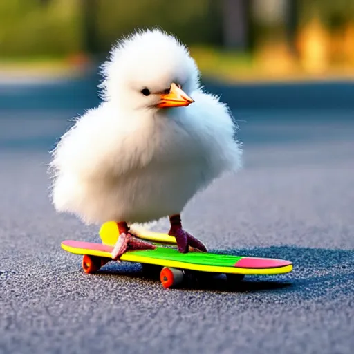 Image similar to fluffy chick riding mini skateboard, photorealistic