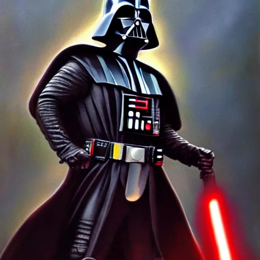 Image similar to an ultra - realistic portrait painting of darth vader in the style of frank frazetta. 4 k. ultra - realistic. highly detailed. dark fantasy. epic lighting.