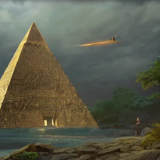 Image similar to magical ancient pyramid, gold, treasure, lara croft charater, realistic illustration, pyramid surrounded with greenery, illustrations, 3 d render, illustrated, incredible details, highly detailed, photorealistic, disney pixar, octane render, iridescent, anime, 8 k