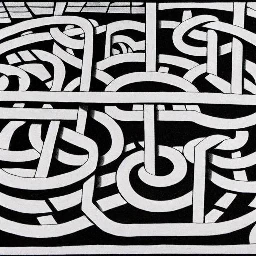 Image similar to cats running in a labyrinth, by m. c. escher