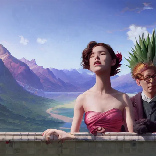 Image similar to a beautiful scenic painting by artgerm and wlop and wes anderson and spike jonze