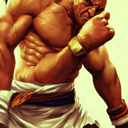 Image similar to mike ehrmantraut as sagat street fighter, portrait, 4 k, ultra realistic, detailed focused art by artgerm and greg rutkowski and alphonse mucha