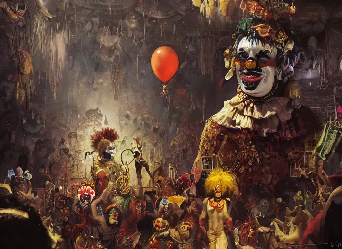 Image similar to wild underground carnival scene from a 7 0's movie by chris cunningham, kenneth anger and alejandro jodorowsky : : clowns, courtesans, animals : : ultra realistic, concept art, highly detailed by greg rutkowski, craig mullins, simon bisley 4 k