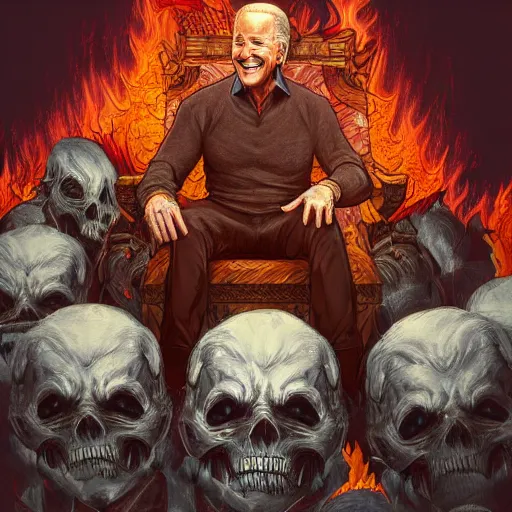 Image similar to Joe Biden sitting on a throne of skulls surrounded by fire, digital painting, highly detailed, trending on Artstation