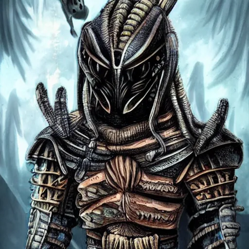 Image similar to predator alien wearing a samurai armor