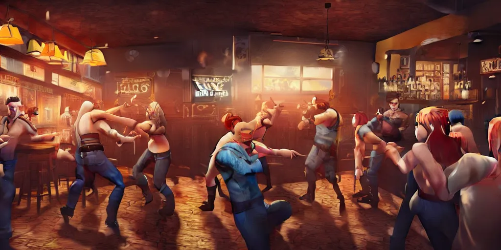 Prompt: a photo of a bar fight inside a pub between cosplayers, detailed faces, accurate faces, 4k, 3D render, hyperrealism, editorial, photorealistic, crisp details, sharp focus, wide angle lens, octane render, caustics