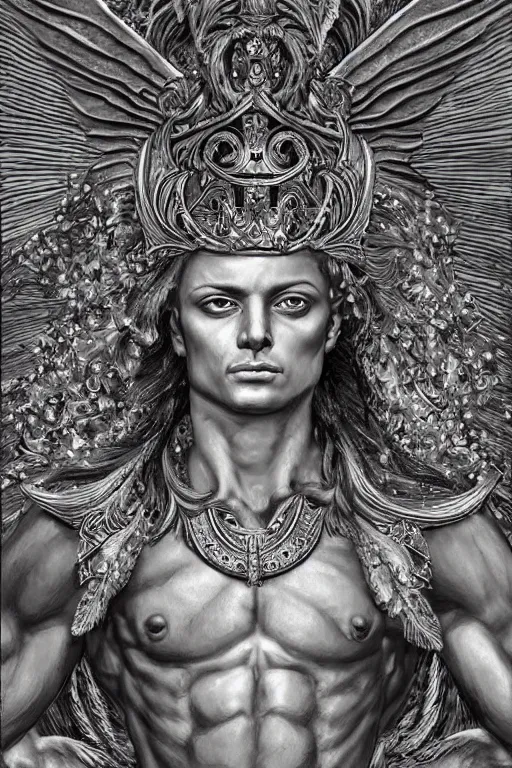 Image similar to a Chihuahua God with a radiant halo and wings, detailed face, gorgeous, flowing hair, very muscular male body, partial anatomy, stormy and grand war scene, delicate and intricate borders for decoration, caesar victorious, proud Emperor, split lighting, character close-up, intricate, highly detailed, 8K, digital painting, fantasy, concept art, sharp focus, art by greg rutkowski beeple and alphonse mucha