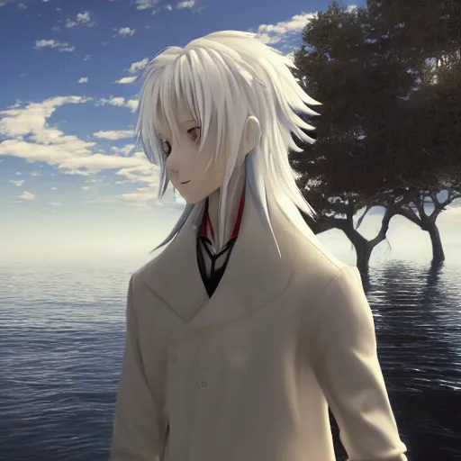 Image similar to a long white haired anime character holding out his hand in front of a body of water, a screenshot by michelangelo, deviantart contest winner, vanitas, official art, unreal engine 5, unreal engine. tetsuya nomura. ray tracing hdr. 8 k. uhd. sharp focus. highly detailed. masterpiece. anime render. cinematic lighting. lifelike.