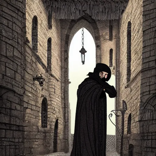 Image similar to 4 0 years old man, skinny, slim : : goatee beard : : hooded cloak : : medieval city, night, dark, grim, high detail, digital art, rpg, illustration