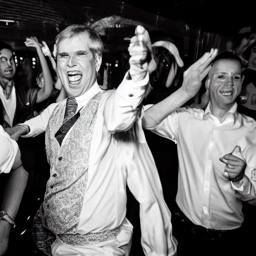 Image similar to prince andrew dancing in a nightclub, sweaty, wide angle, 14mm