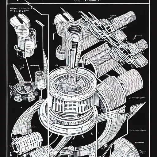 Image similar to Simplistic coloring book of a turbine blueprint, black ball pen on white paper, by Josan Gonzalez and Geof Darrow