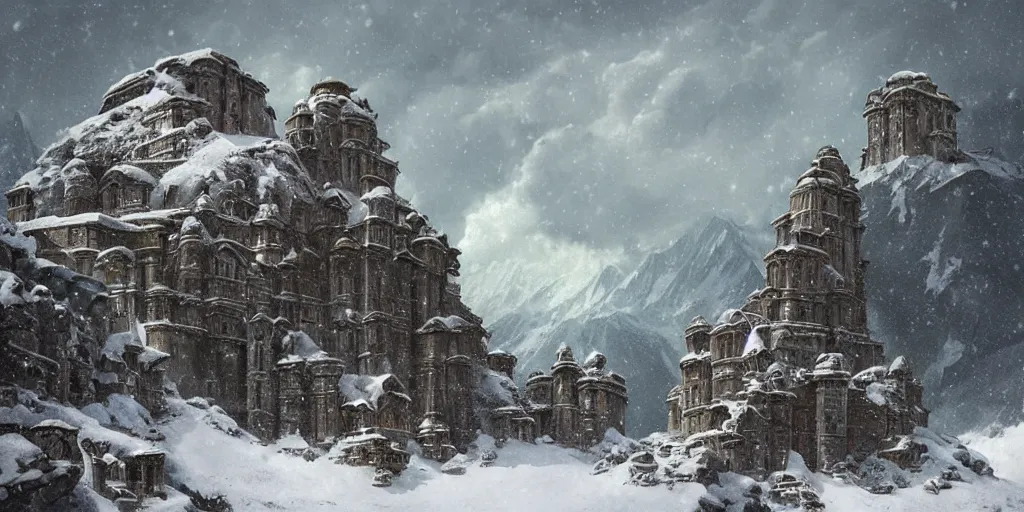 Image similar to immense and imposing himalayan ruins nestled on a mountain side, a snow storm fills the sky, fantasy, magical lighting, Greg Rutkowski and Studio Ghibli and Ivan Shishkin