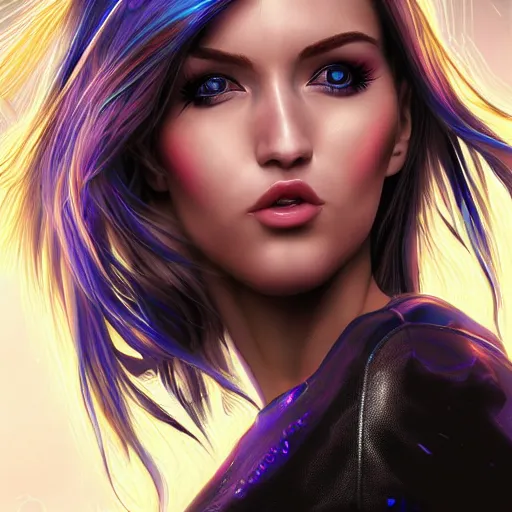 Prompt: half - electric cyber woman, cute - fine - face, pretty face, oil slick hair, realistic shaded perfect face, extremely fine details, realistic shaded lighting, dynamic background, artgerm, 8 k ultra realistic, highly detailed, sophie anderson
