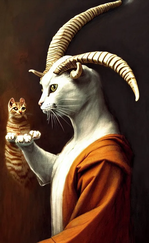 Image similar to a bipedal cat that has goat horns, anthropomorphic cat that is wearing robes, oil painting, by leonardo da vinci, d & d, fantasy, concept art, cosmic, magical, fog, noble, full body portrait, intricate, ornate, extremely detailed, cult, ritual, sharp focus, 4 k, 8 k