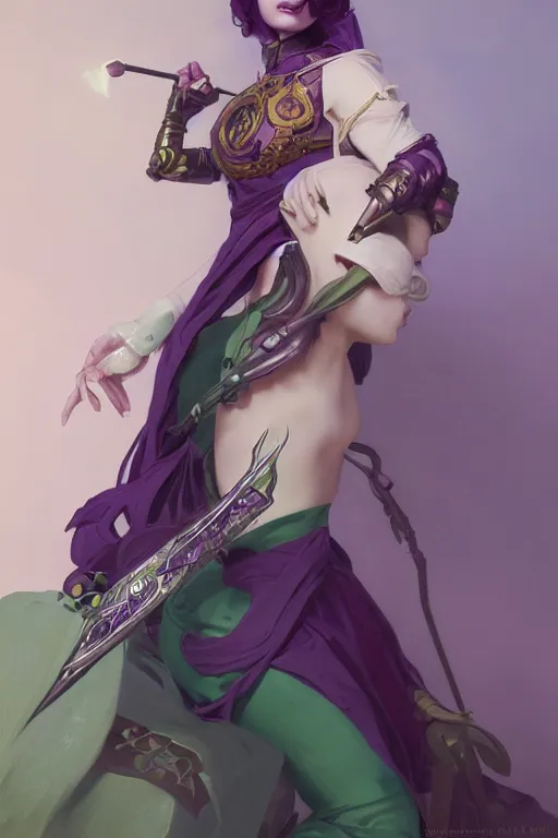 Prompt: portrait of a cute warlock girl with a staff in warlock armor, purple and green, by tom bagshaw and alphonse mucha and atey ghailan and artgerm and and greg rutkowski, hyper realistic, octane render, trending on artstation