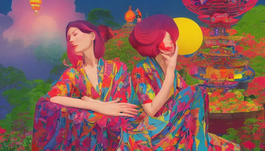 Prompt: a vibrant portrait of a very beautiful woman dreaming psychedelic hallucinations of japanese temples, lush plants and lanterns, wearing a gucci dress, high fashion, by moebius, edward hopper and james gilleard, zdzislaw beksinski, steven outram hd, 8 k, artstation