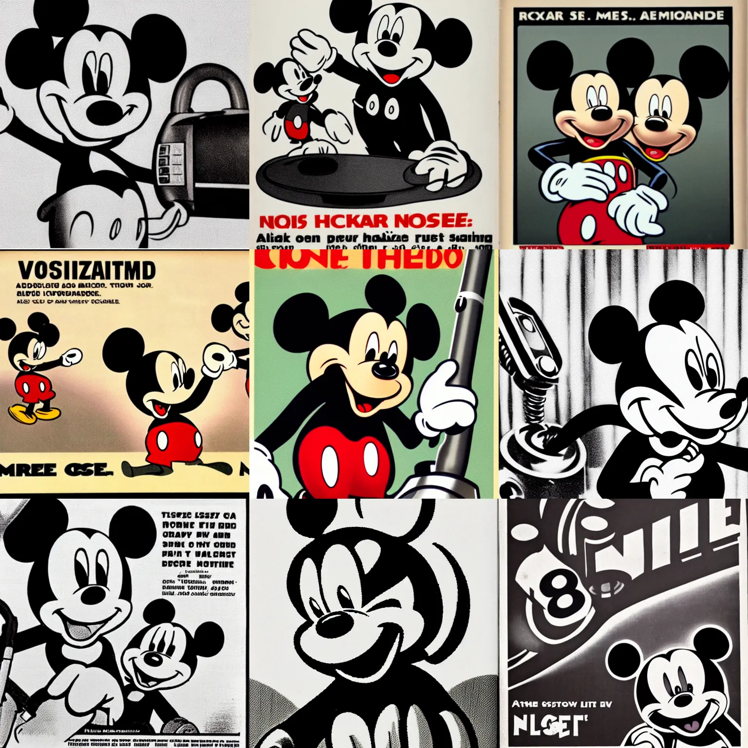 Prompt: nazist advertising of a Mickey Mouse vacuum cleaner vintage Tv interlaced