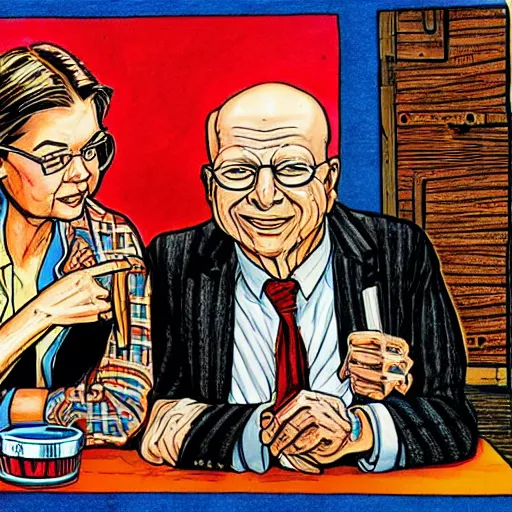 Image similar to The Artwork of R. Crumb and his Cheap Suit Klaus Schwab and Elizabeth Warren, pencil and colored marker artwork, trailer-trash lifestyle
