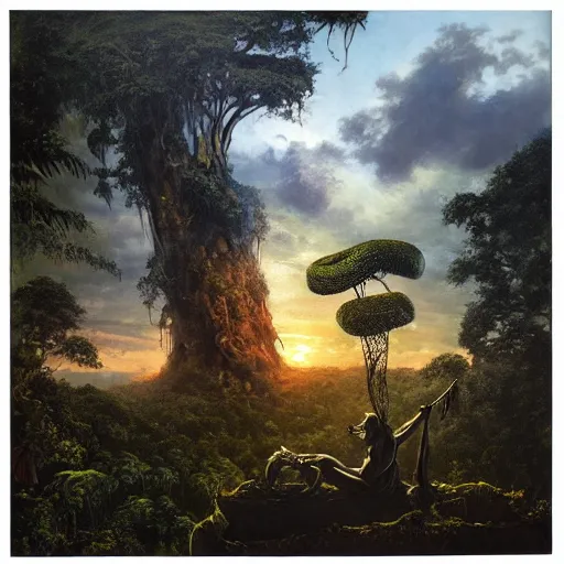 Prompt: giant cut off statue of libertys head with crown is lying sideways on the ground , reclaimed by the jungle , surrounded by tall vines in oversized misty jungle, dramatic sunset and dramatic sky , very detailed oil painting by frazetta, low angle, postapocalyptic panorama.asthetics !