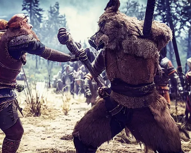 Prompt: gerald of rivia fighting with fursuit people from witcher 3 ( 2 0 1 5 videogame ), cinematic, concept art, loading screen