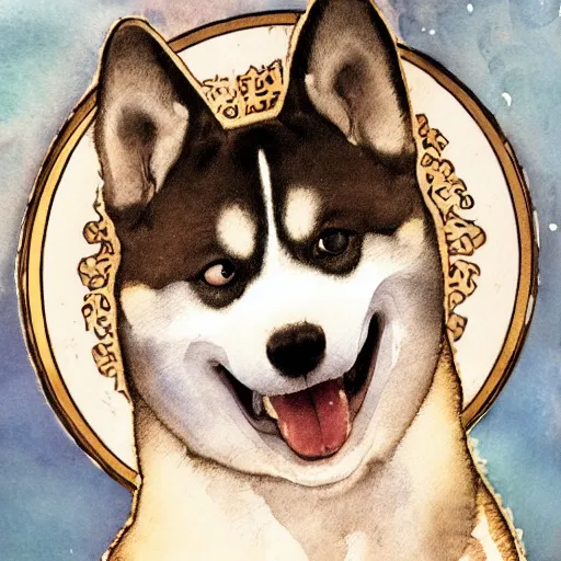 Image similar to portrait of happy laughing shiba inu with a background in the style of mucha. detailed, ornate, watercolor