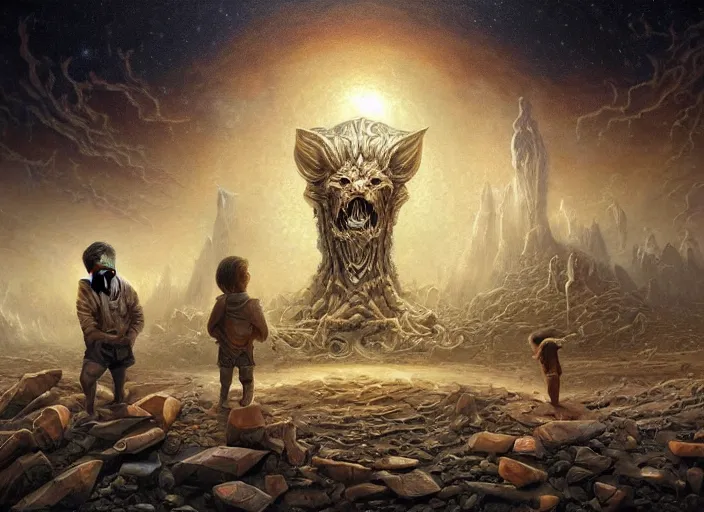 Prompt: tiny people building a huge, odd monument, cosmic horror painting, elegant intricate digital painting artstation concept art by mark brooks and brad kunkle detailed